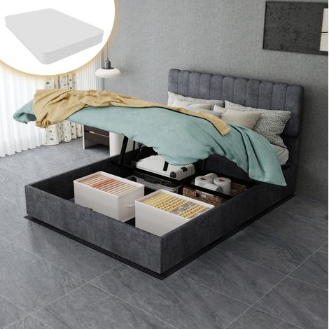 Cama tapizada moderna gris 140x200 cm con cabecero alto, estructura de metal y colchón incluido