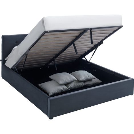 Lit coffre adulte 160x200 cm avec tête de lit matelassée en velours gris foncé et sommier - Tina (1/5)