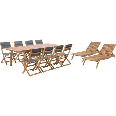 Conjunto de jardín de madera de acacia clara de 11 piezas mesa rectangular 8 plazas 2 tumbonas Cesana