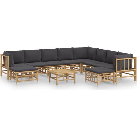 Salon de jardin 11 pcs avec coussins gris foncé bambou (1/5)