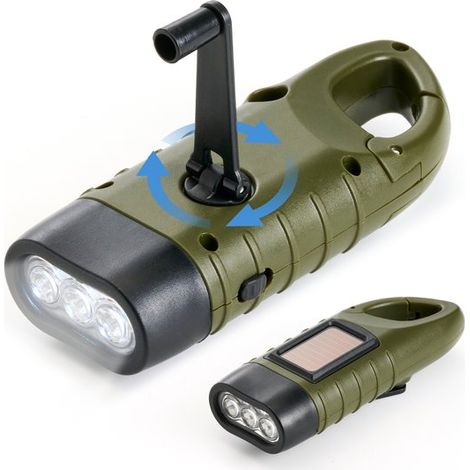 3-in-1-Kurbeltaschenlampe – Batterielos, wiederaufladbar – LED-Clip – Grüne Notbeleuchtung für Camping