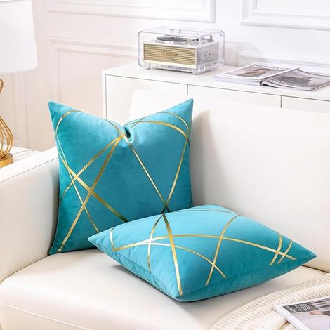 Velours Housse de Coussin 45x45 Cm Coussin PaonBleu Lignes Dorées Décoratifs Housses d'oreiller Géométrie Coussin Salon Chambre Banc Auto Taie Coussin canapé Lot de 2 (1/5)