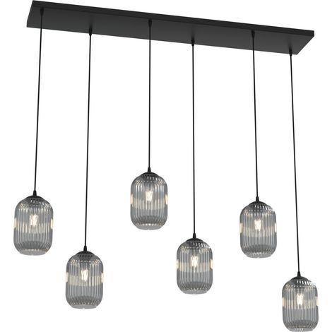 Lampadario 6 Luci Verdi In Acciaio Nero E Vetri Plissettati Fumè (1/5)