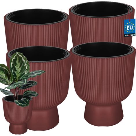 KOTARBAU® Lot de 4 Pot de Fleur - Pot Plastique Plante Ø 29 cm - avec Bac Intérieur -  Pot de Jardin - Pot de Fleur Exterieur -  H : 36 cm - PVC - Marsala - Nervuré (1/4)