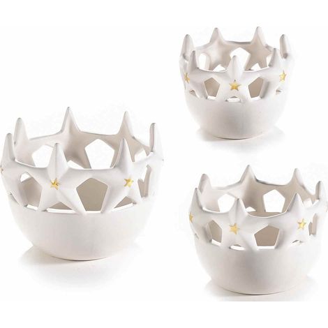 Vasi natalizi con bordo a stella e dettagli dorati in set da tre pezzi in ceramica, Grande: Ø 13,5 cm x 11 H