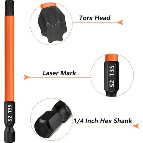 Set de 13 Embouts Long Torx, T5-T40 Embouts Tournevis Torx S2 Acier, Longueur 100 mm, Tige hexagonale de 1/4" Embout Visseuse Magnétiques Pour Perceuse-Visseuse (1/4)