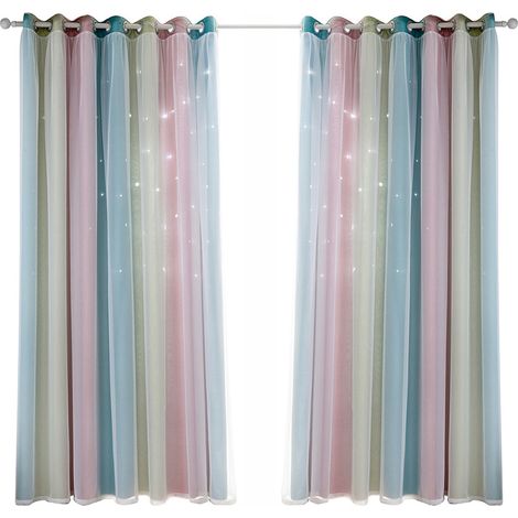 Rideaux étoiles occultants pour chambre enfants filles salon double couche tulle dégradé anneaux plastique polyester 1 panneau 53"