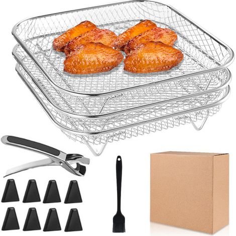 Lot de 3 grille air fryer,Rack de Friteuse à Air Empilable,grille pour air fryer avec 8 pieds en silicone, 1 pince,panier air fryer pour Air Fryer, Four, Press Cooker, Accessoires Carrés (1/5)