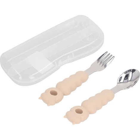 Lot de fourchettes et cuillères pour bébé en acier inoxydable 316, forme cartoon multifonction, prise confortable, lavables au lave-vaisselle, couleur beige (1/5)