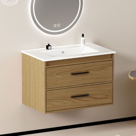 Armoire de salle de bain 75 cm chêne clair avec grand espace de rangement – 2 tiroirs (1/5)