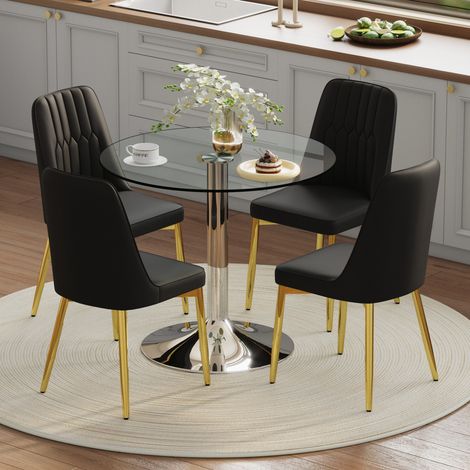 Conjunto de mesa redonda de cristal 85 cm y 4 sillas de PU negras con base dorada (1/5)