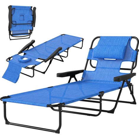 Chaise longue de jardin pliante avec dossier réglable, coussin et trou pour le visage, bleu foncé (1/5)