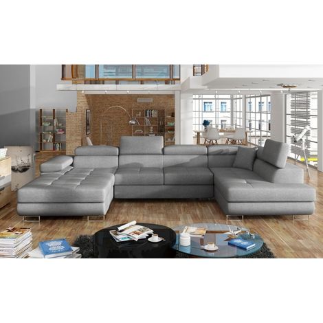 Canapé panoramique convertible ROMANO tissu - Rangement et appuie-têtes réglables à droite-Gris perle-Coffre à droite (1/5)