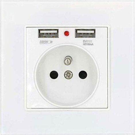 Prise Murale - Verre Trempé - Double Port USB 2.1 A - 16 A 250 V - Blanc - ABS Ignifuge (1/4)