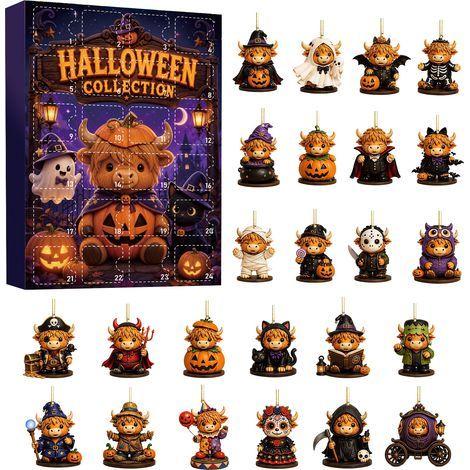 Retro-Flugzeug-Halloween-Kalender, Highland-Cow-Überraschungsbox, 24-Tage-Countdown, Acryl-Schlüsselanhänger, Geschenkbox (Typ F) (1/3)