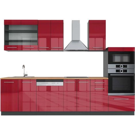Mueble de cocina Fame-Line, Burdeos brillo intenso/antracita, 300 cm con armario alto, ET Roble, Vicco