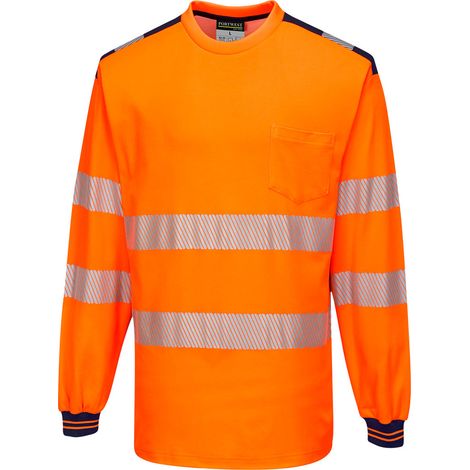 Camiseta de alta visibilidad de manga larga PW3 cuello redondo y bolsillo de pecho PORTWEST T185 S Naranja flúor / Azul marino (1/2)