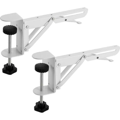 Set aus 2 weißen, klappbaren Schreibtischverlängerungen für Computertastaturen, die auf einem Holzbrett montiert werden. (1/5)