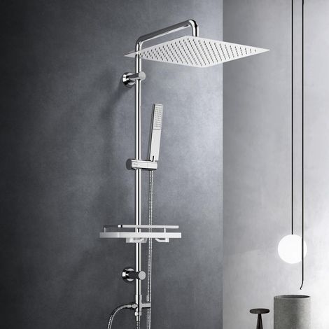 Colonne de douche sans robinetterie, acier inoxydable système de douche avec barre de douche réglable hauteur, pommeau pluie 30x30 cm et étagère, Chromée (1/5)