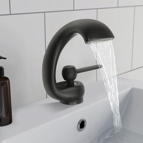 Grifo de baño tipo cascada, grifo de lavabo moderno, lavabo de latón, grifo de baño, mezclador monomando, agua fría y caliente para el baño, negro (1/5)