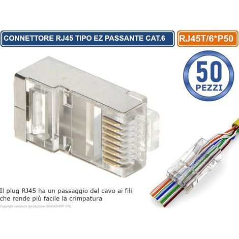 CONFEZIONE MULTIPLA 50 PEZZI PLUG RJ45 TIPO EZ PASSANTE PER CAVO ETHERNET CAT.6 (1/4)