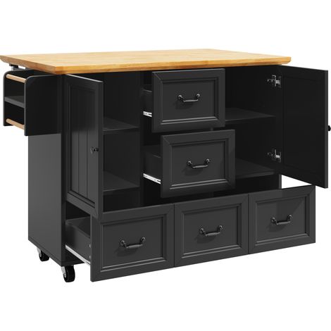 Isla de cocina móvil con tablero abatible 120x73x93 cm MDF y metal negro (1/5)