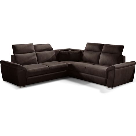 Canapé d’angle réversible convertible NEO en velours avec pieds en acier chromé – 266cm-Marron foncé (1/5)