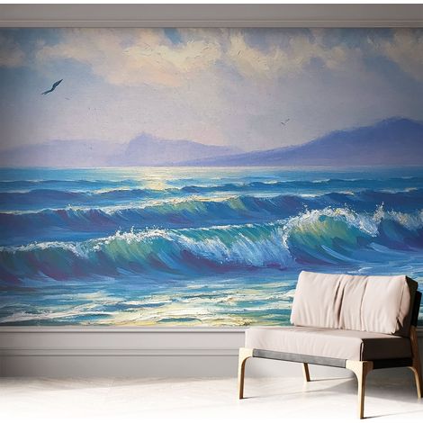 Papier peint adhésif décoratif pour salon chambre et cuisine Facile à poser avec colle Vagues marines 312x219 cm (1/5)