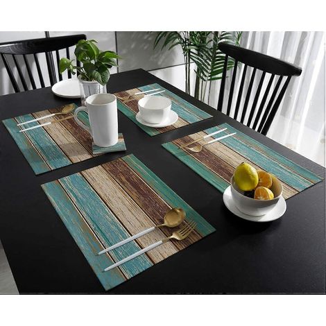 Ensemble de 6 sets de table, style rétro rustique, texture bois, en polyester résistant aux taches, lavables, pour la décoration de la table de cuisine et de salle à manger, vert turquoise. (1/4)