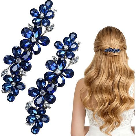 Set di 2 fermagli per capelli blu da donna, con strass e cristalli di alta qualità, accessori per capelli fini o spessi, tenuta sicura per diverse acconciature. (1/5)