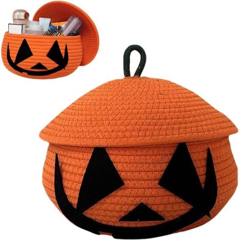 Cesta de calabaza con tapa, contenedores de almacenamiento de Halloween con tapas, cesta de almacenamiento de dulces de Halloween, cestas tejidas para almacenamiento, cesta de cuerda tejida para niños (1/4)
