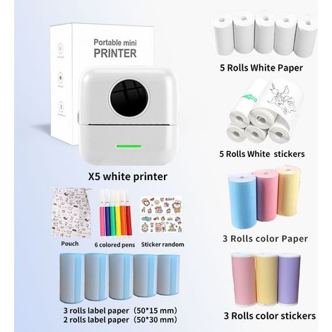 Mini Printer - Portable Mini Pocket Label, Picture, Error Correction Thermal Bluetooth Printer - X5 White + 5 Thermal Papers + 5 Self-adhesive Labels + 5 Label Papers + 3 Color Papers + 3 Color Self-a (1/4)