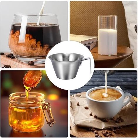 Vaso medidor con boquilla para verter，100 ml，Taza de café de acero inoxidable，Jarra pequeña para leche，Vaso medidor para espresso，Plateado (1/4)