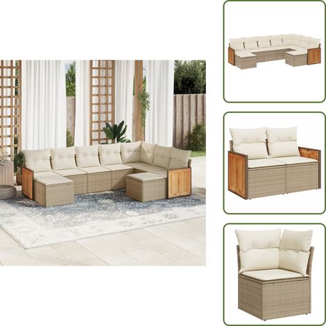 The Living Store 9-tlg. Garten-Sofagarnitur mit Kissen Beige Poly Rattan - Gartensessel