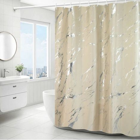 Schlichter Duschvorhang in Silbermarmoroptik – 180 x 180 cm, maschinenwaschbarer Duschvorhang aus Polyester mit beschwertem Saum und 12 Haken (Beige)