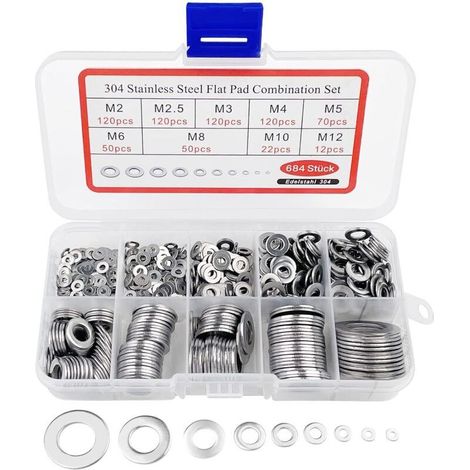 Confezione da 684 rondelle in acciaio inox 304 – 9 misure da M2 a M12 – Resistenti alla corrosione – Per cerniere di porte e guarnizioni piatte (1/5)