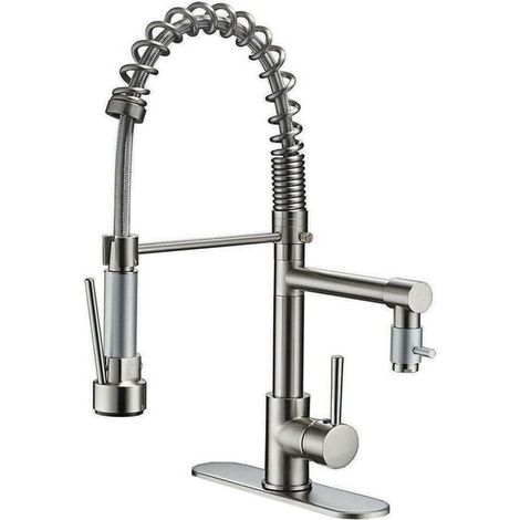 Grifo mezclador de cocina con rociador extraíble, ducha giratoria de 360° con resorte, accesorios de fregadero giratorios, grifo de cocina de doble función de alta presión con acabado cepillado y duch (1/5)