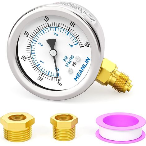 04BAR/060PSI Stainless Steel Dry Pressure Gauge 1/8" BSP 2" DIAL FACE Waterproof for Well Pump, Water Pressure, Bottom Mount, with Hex Socket 1/4" BSP and 3/8" BSP (1/5)