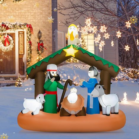 Goplus – Décoration gonflable crèche de Noël 172x76x180 cm – 7 lumières LED – Taffetas de polyester imperméable – Installation facile avec piquets (1/5)