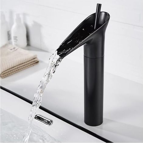 Schwarzer Badezimmerhahn, Wasserfall-Badezimmerhahn, Retro-schwarzer Einhebel-Waschtischmischer, Badezimmermischhahn, Messing-Arbeitsplatte, hohes Waschbecken, Handwaschbeckenhahn, Waschtischhahn