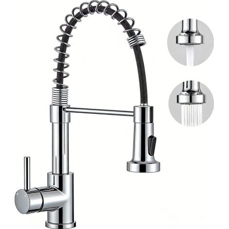 AICA Ausziehbare Einhand‑Küchenmischbatterie 360° drehbar 2 Strahlarten Hochdruck Küchenwasserhahn aus 304‑Edelstahl Feder‑Spiral chrom glänzend (1/5)