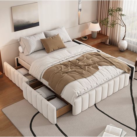 Bett Polsterbett Stauraum 140x200 Samt Beige OKMYHOME (1/5)