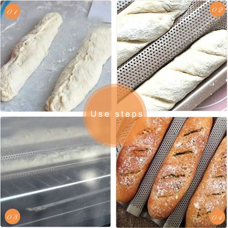 Set aus 3 Baguetteformen aus silberfarbenem Stahl, Backrost für französisches Brot, antihaftbeschichtete Unterlage (1/5)