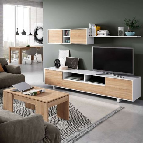 Pack Muebles Salón Roble Canadian Y Blanco (mueble Salón + Mesa Centro Elevable + Mesa Comedor Extensible)