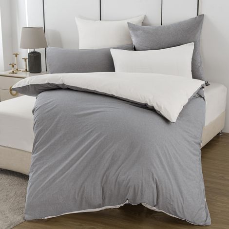 Parure de lit 2 pièces 140 x 200 cm en coton gris/blanc - Doux, 100 % coton lavé, comprend 1 housse de couette 140 x 200 cm et 1 taie d'oreiller 80 x 80 cm avec fermeture éclair (1/5)