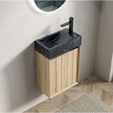 Meuble sous vasque avec vasque intégrée en marbre naturel noir, en contreplaqué bois clair, 1 porte à fermeture amortie, gain de place pour salle de bains – de FLORAGRACE (1/5)