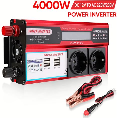 Onduleur 4000 W – 12 V vers 220 V – Transformateur avec affichage LED – Prise UE – 4 ports USB – Charge rapide – Pour voiture