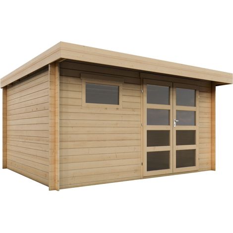 Abri de jardin en bois avec toit plat "Oak" - 13,1 m² - 28 mm - Beige (1/4)