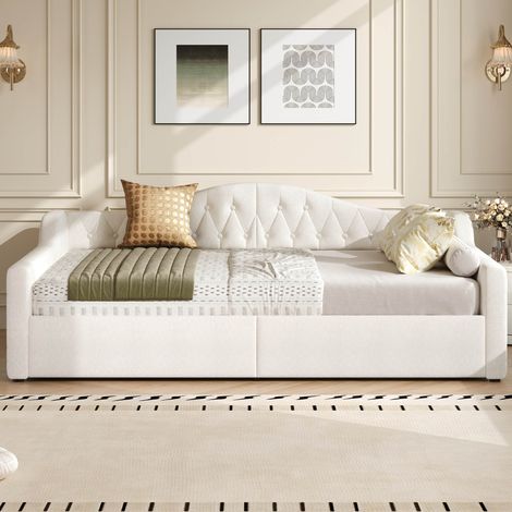 Lit banquette coffre 140x200 cm beige en tissu effet lin avec rangement et éclairage LED (1/5)