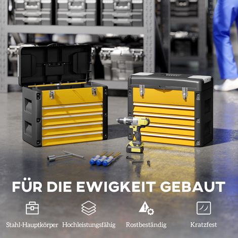 Caisse à outils vide, 49,7 x 25,3 x 40,7 cm, coffre à outils à 4 tiroirs, mini-boîte en acier jaune (1/5)